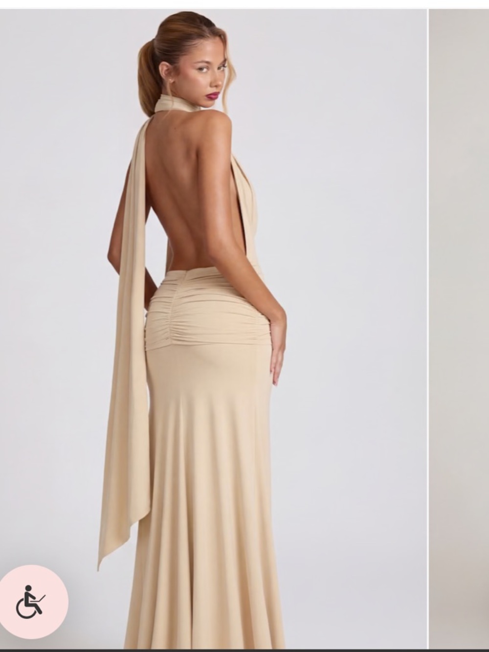 Oh Polly Navina Soft Jersey Plunge Halterneck Maxi Dress Champagne Cream XS NWT - Picture 8 of 13